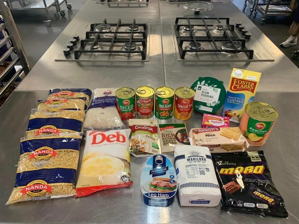 The contents of a Give A Feed Christmas hamper